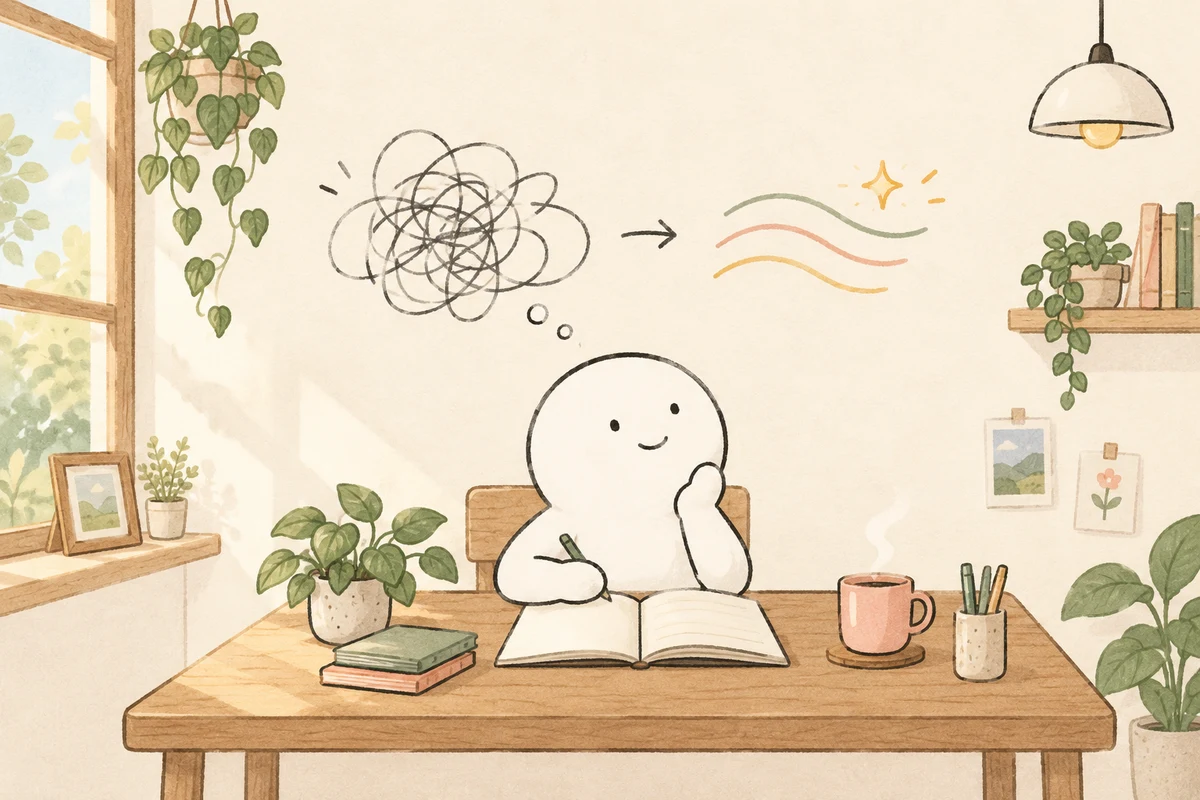 机でノートに考えを書きとめる、白い丸いキャラクター